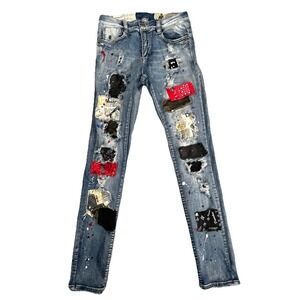 Industrial Indigo Jeans Y2k Skinny Patchwork  Distressed Vintage Retro SZ 32